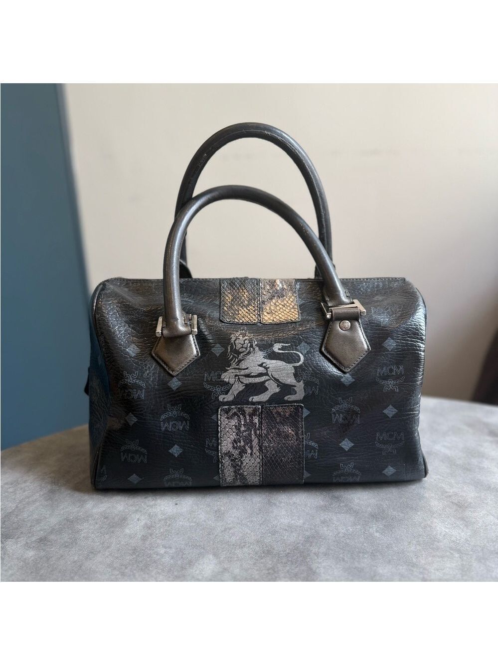 MCM Black Lion Monogram Satchel with Metallic Accents